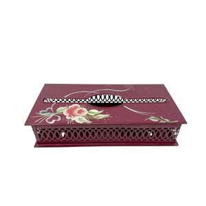 Vintage Wolff Black Metal Tissue Box‎ Cover with Hand-Painted Floral Details